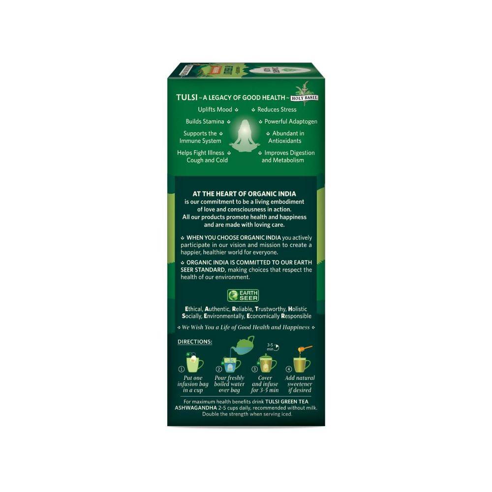 Organic India Tulsi Green Tea Ashwagandha - Herbal Sleep Tea, Caffine Free