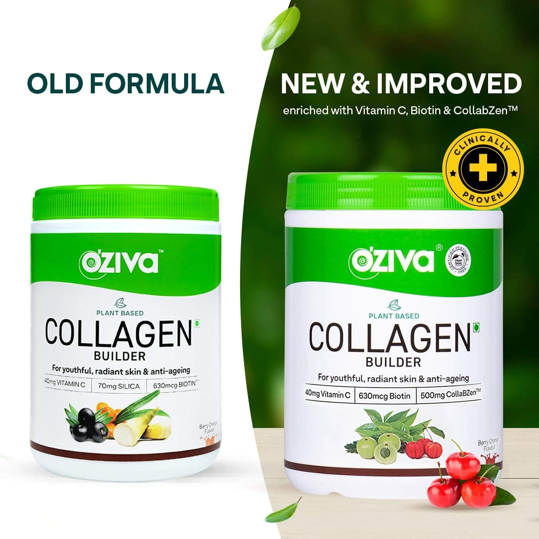 OZiva Vegan Collagen Builder with Biotin & Vitamin C For Brighter & Youthful Skin | Collagen Supplement For Women & Men | Plant Based Collagen Powder | Grocsy
