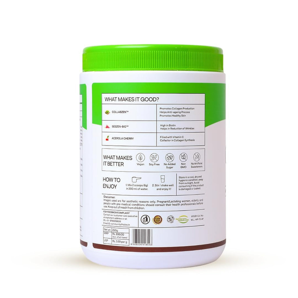 OZiva Vegan Collagen Builder with Biotin & Vitamin C For Brighter & Youthful Skin | Collagen Supplement For Women & Men | Plant Based Collagen Powder | Grocsy