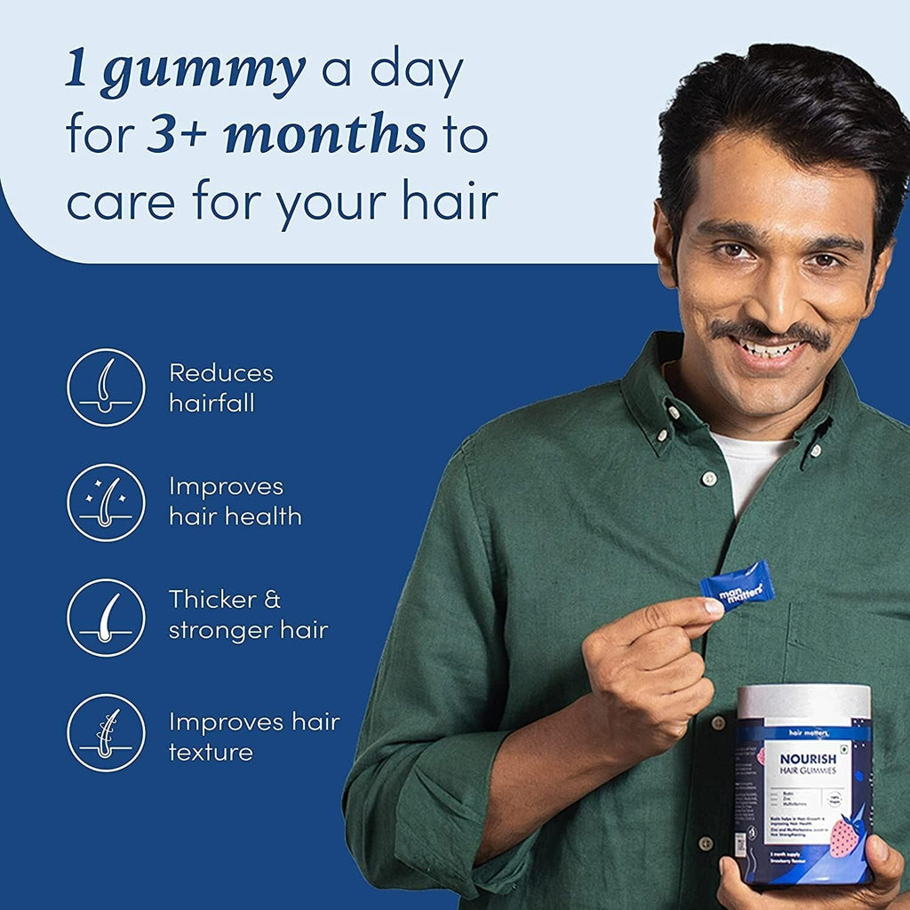 Man Matters Biotin Nourish Hair Gummies With Multivitamins (Sugar Free) - Strawberry Flavor With Zinc & Multivitamins | Grocsy