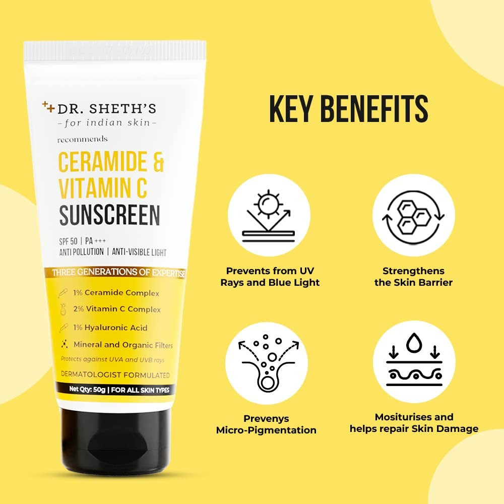 Dr. Sheth's Ceramide & Vitamin C Sunscreen SPF 50+ PA+++ UVA UVB Sun Protection, For All Skin Types | Grocsy