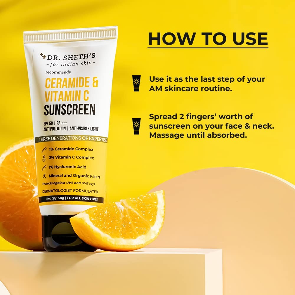Dr. Sheth's Ceramide & Vitamin C Sunscreen SPF 50+ PA+++ UVA UVB Sun Protection, For All Skin Types | Grocsy