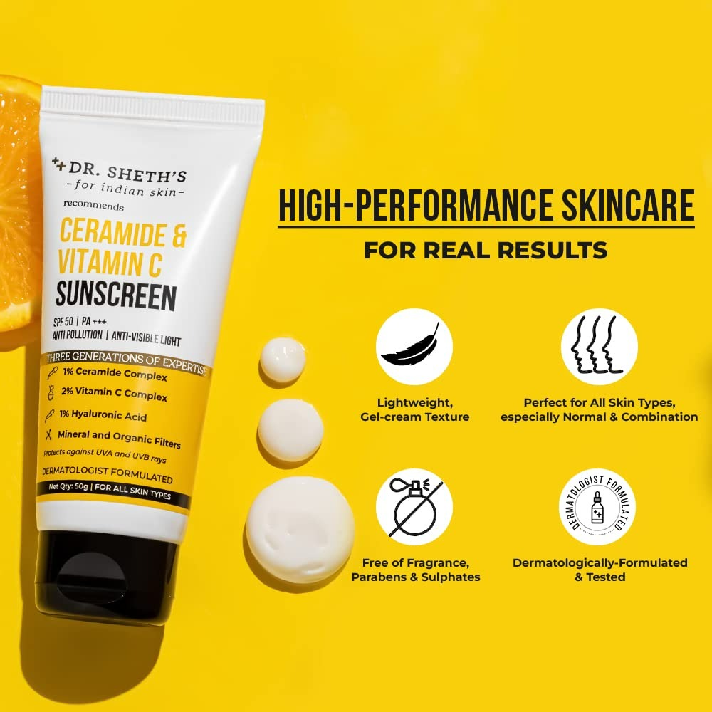Dr. Sheth's Ceramide & Vitamin C Sunscreen SPF 50+ PA+++ UVA UVB Sun Protection, For All Skin Types | Grocsy