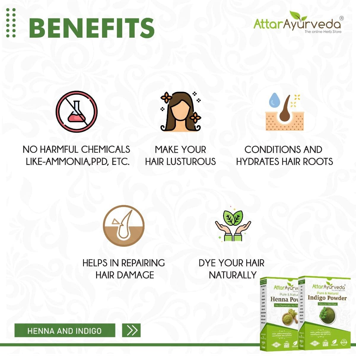 Attar Ayurveda Henna Powder, Indigo Powder Combo Pack | Grocsy