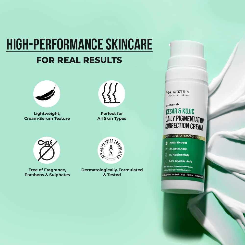 Dr. Sheth's Kesar & Kojic Daily Pigmentation Correction Face Cream With 1% Niacinamide, Removes Tan & Depigments Skin | Grocsy