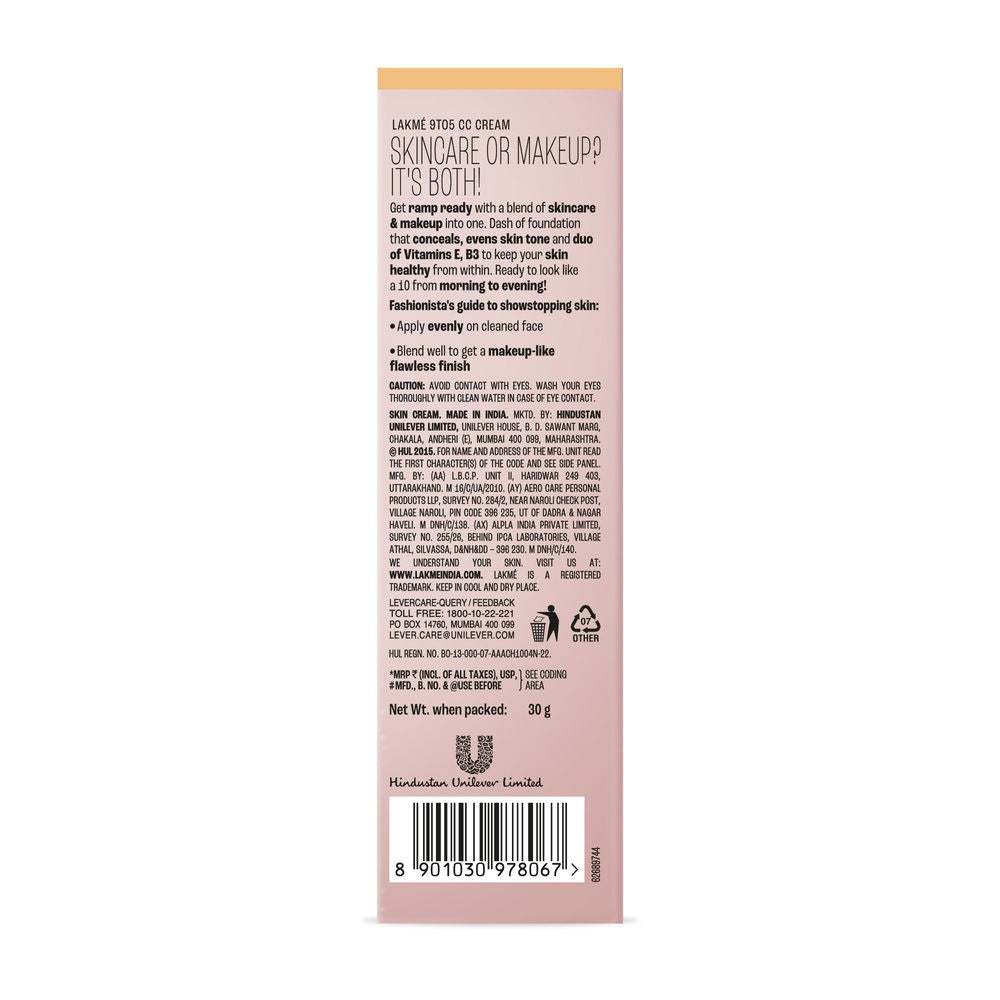Lakme 9 To 5 Complexion Care Cc Face Cream SPF 30-Honey | Grocsy