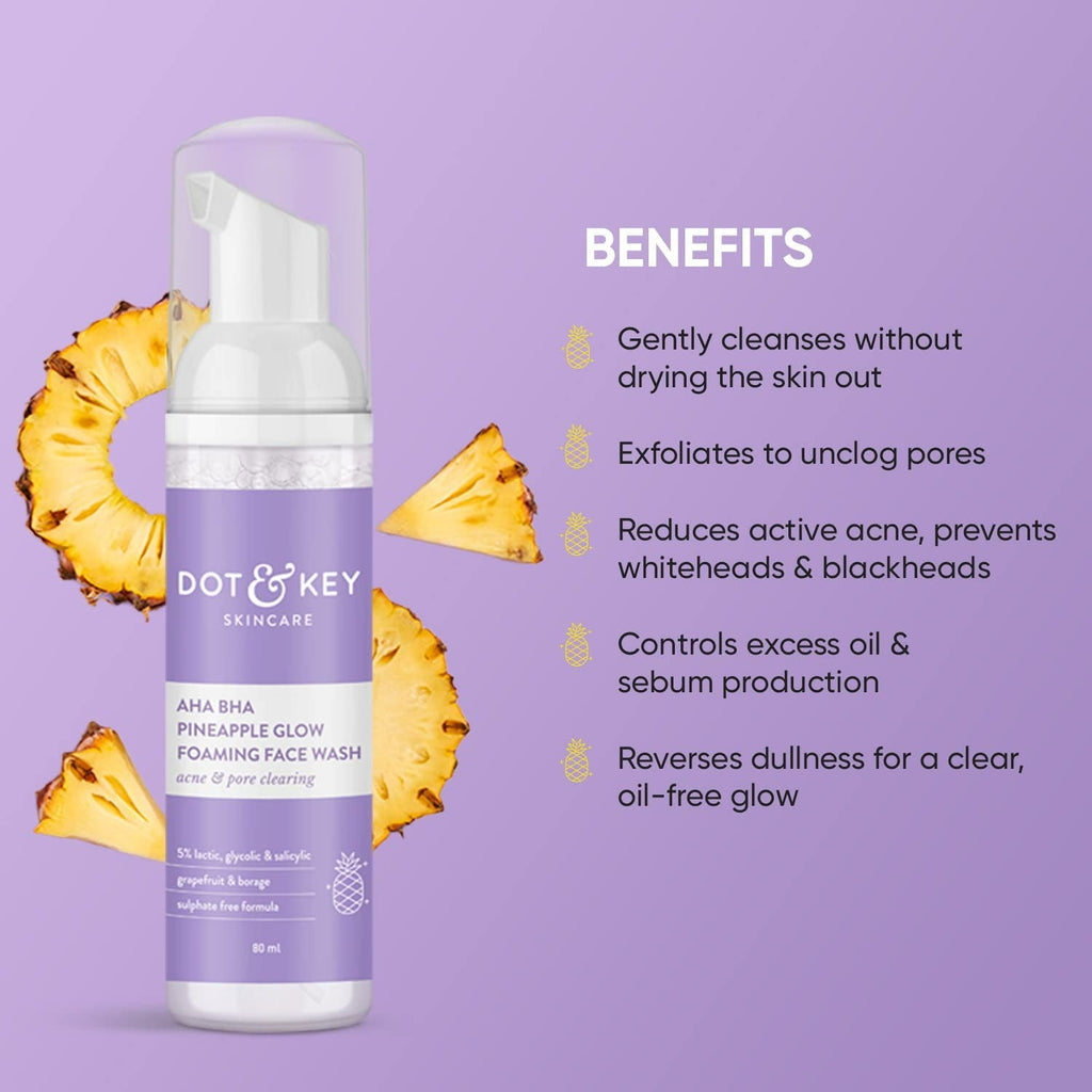 Dot & Key AHA BHA & Pineapple Glow Foaming Face Wash  For Glowing Skin, Oily, Acne Prone Skin,Sulphate Free | Grocsy