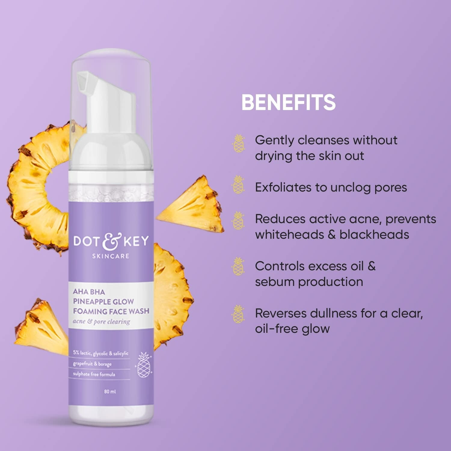 Dot & Key AHA BHA & Pineapple Glow Foaming Face Wash  For Glowing Skin, Oily, Acne Prone Skin,Sulphate Free | Grocsy