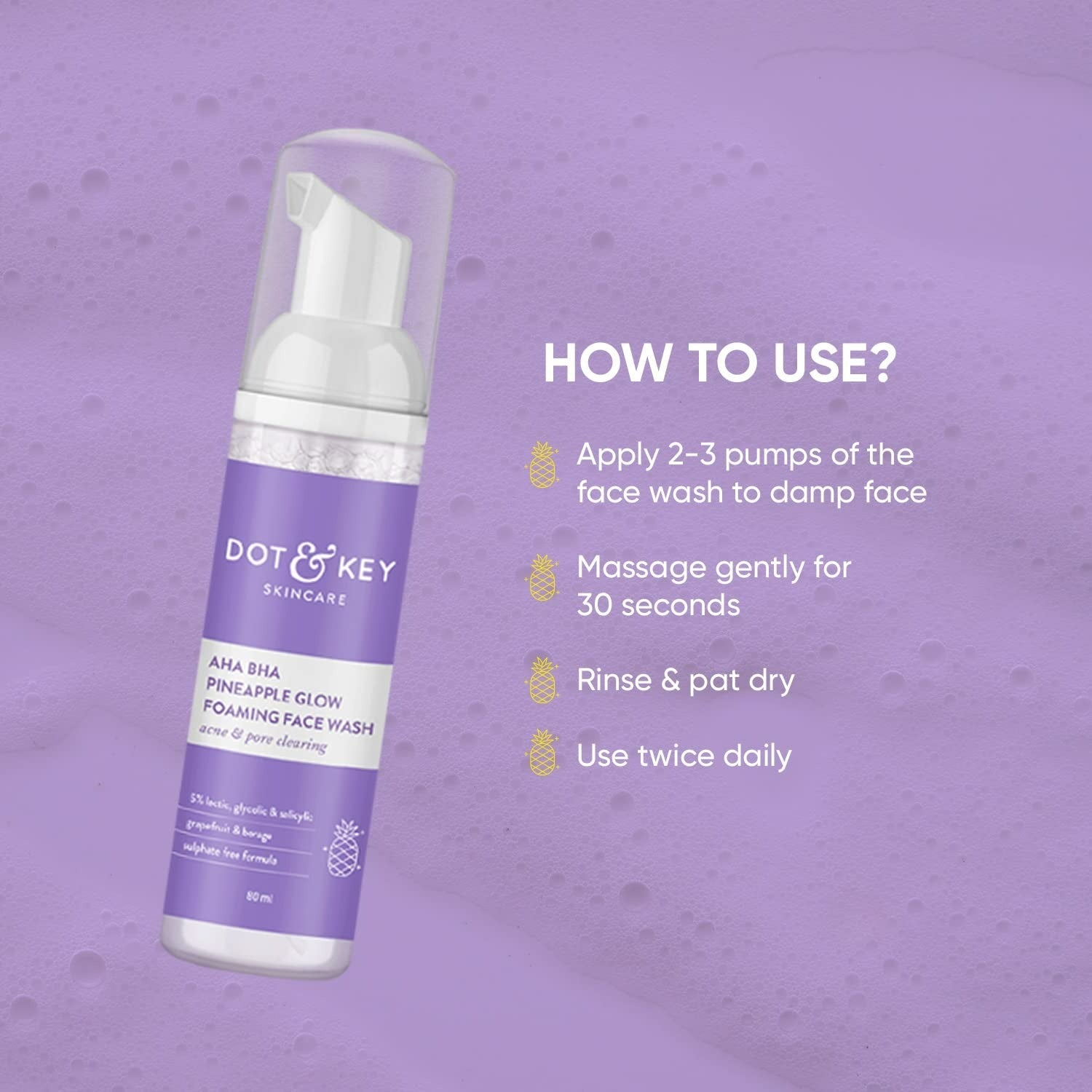 Dot & Key AHA BHA & Pineapple Glow Foaming Face Wash  For Glowing Skin, Oily, Acne Prone Skin,Sulphate Free | Grocsy