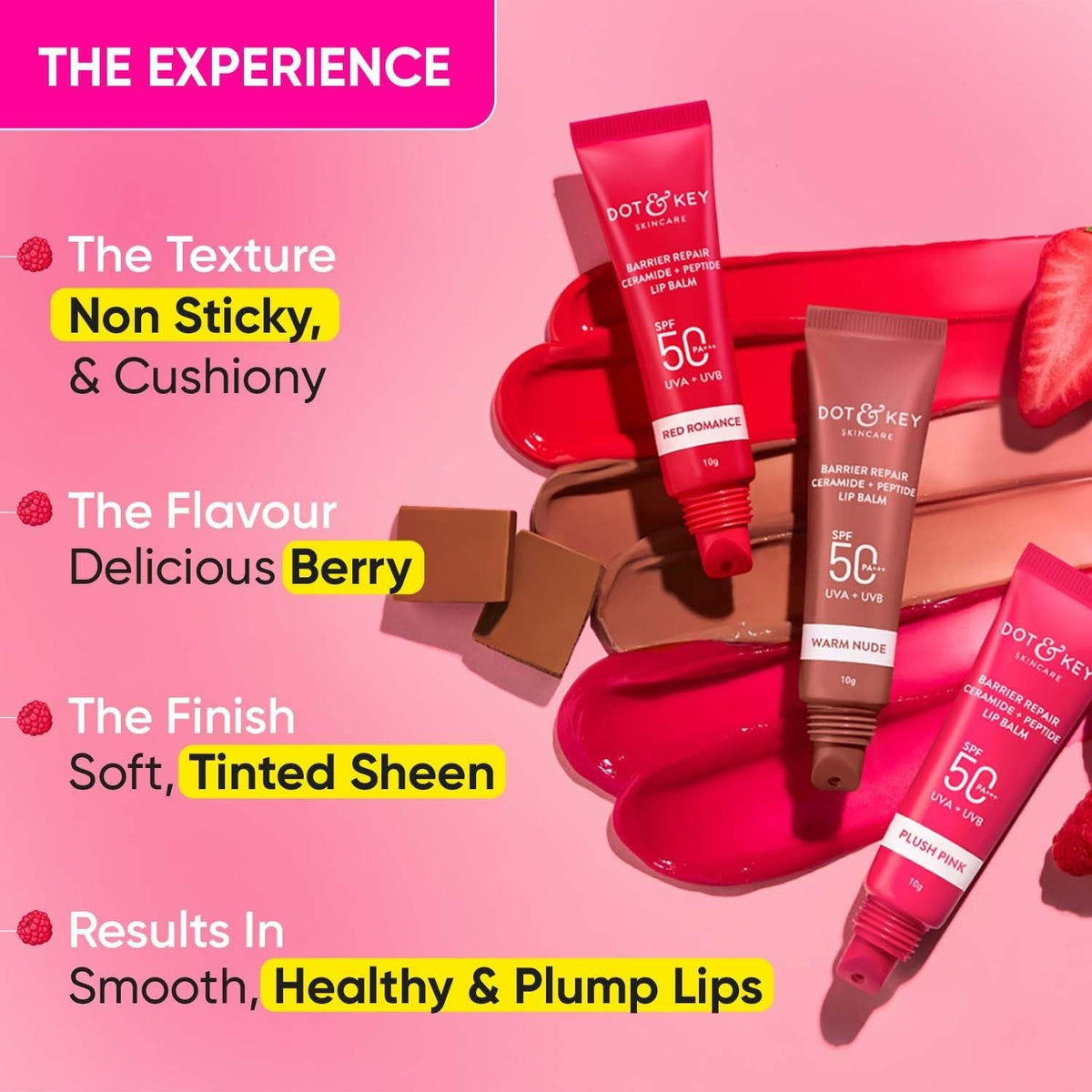 Dot & Key Barrier Repair Ceramide & Peptide SPF 50 Lip Balm - Plush Pink, UVA+UVB | Grocsy