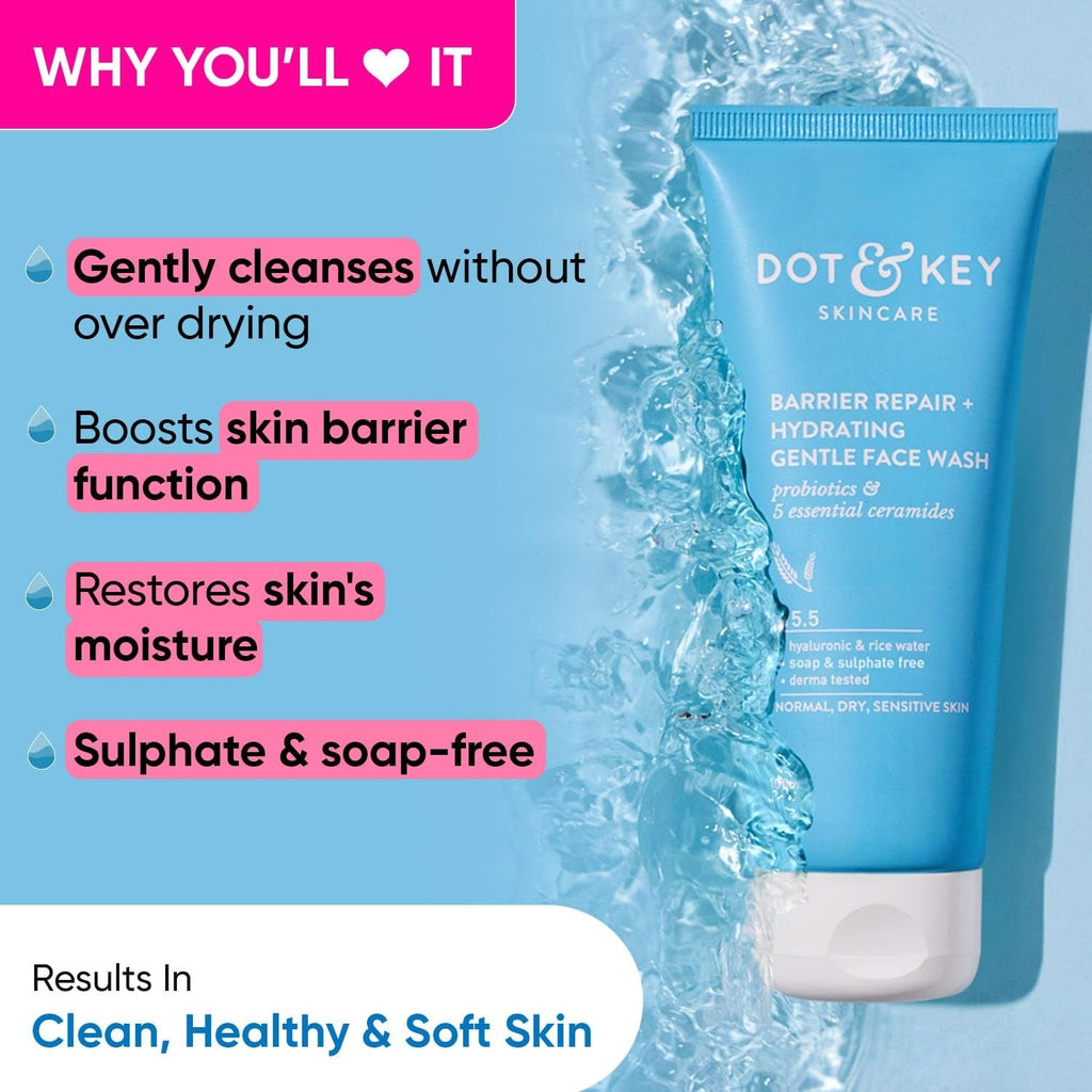 Dot & Key Barrier Repair Hydrating Gentle Face Wash For Dry, Normal & Sensitive Skin With Hyaluronic & Rice Water | Grocsy