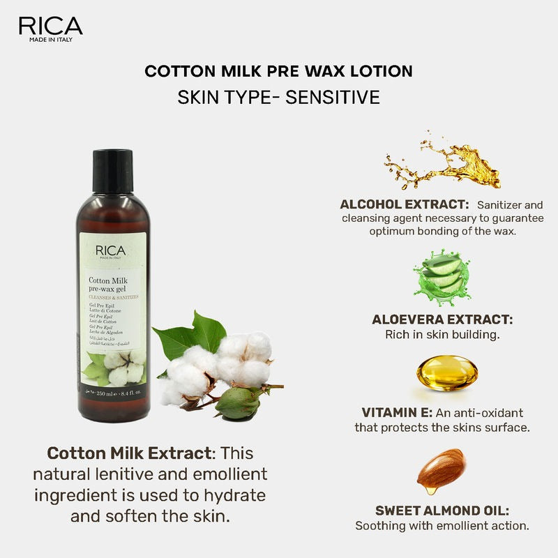 Rica Cotton Milk Pre-Wax Gel Cleansing Waxing Hair Cleaning with Naural Extracts for Hydration & Softening Skin | Grocsy