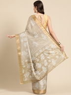 Beige Silk Blend Digital Print Floral Saree with Unstitched Blouse - Hiral Fashion | Grocsy