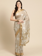 Beige Silk Blend Digital Print Floral Saree with Unstitched Blouse - Hiral Fashion | Grocsy