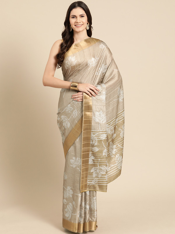 Beige Silk Blend Digital Print Floral Saree with Unstitched Blouse - Hiral Fashion | Grocsy