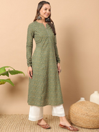 FIORRA Women's Floral Printed Green Cotton A-Line Kurta | Grocsy