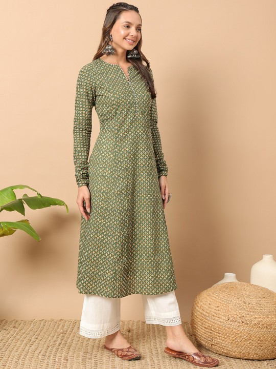 FIORRA Women's Floral Printed Green Cotton A-Line Kurta | Grocsy