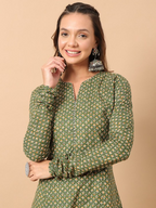 FIORRA Women's Floral Printed Green Cotton A-Line Kurta | Grocsy