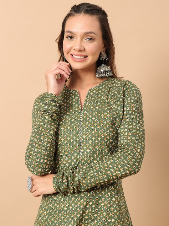 FIORRA Women's Floral Printed Green Cotton A-Line Kurta | Grocsy