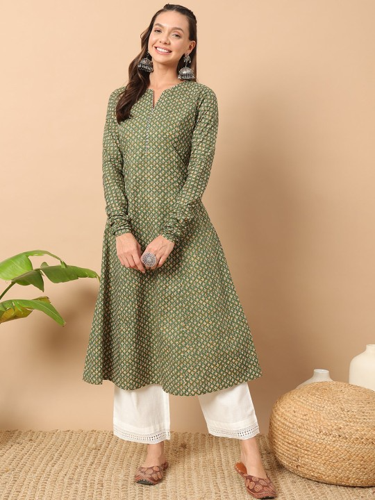 FIORRA Women's Floral Printed Green Cotton A-Line Kurta | Grocsy