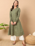 FIORRA Women's Floral Printed Green Cotton A-Line Kurta | Grocsy