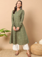 FIORRA Women's Floral Printed Green Cotton A-Line Kurta | Grocsy