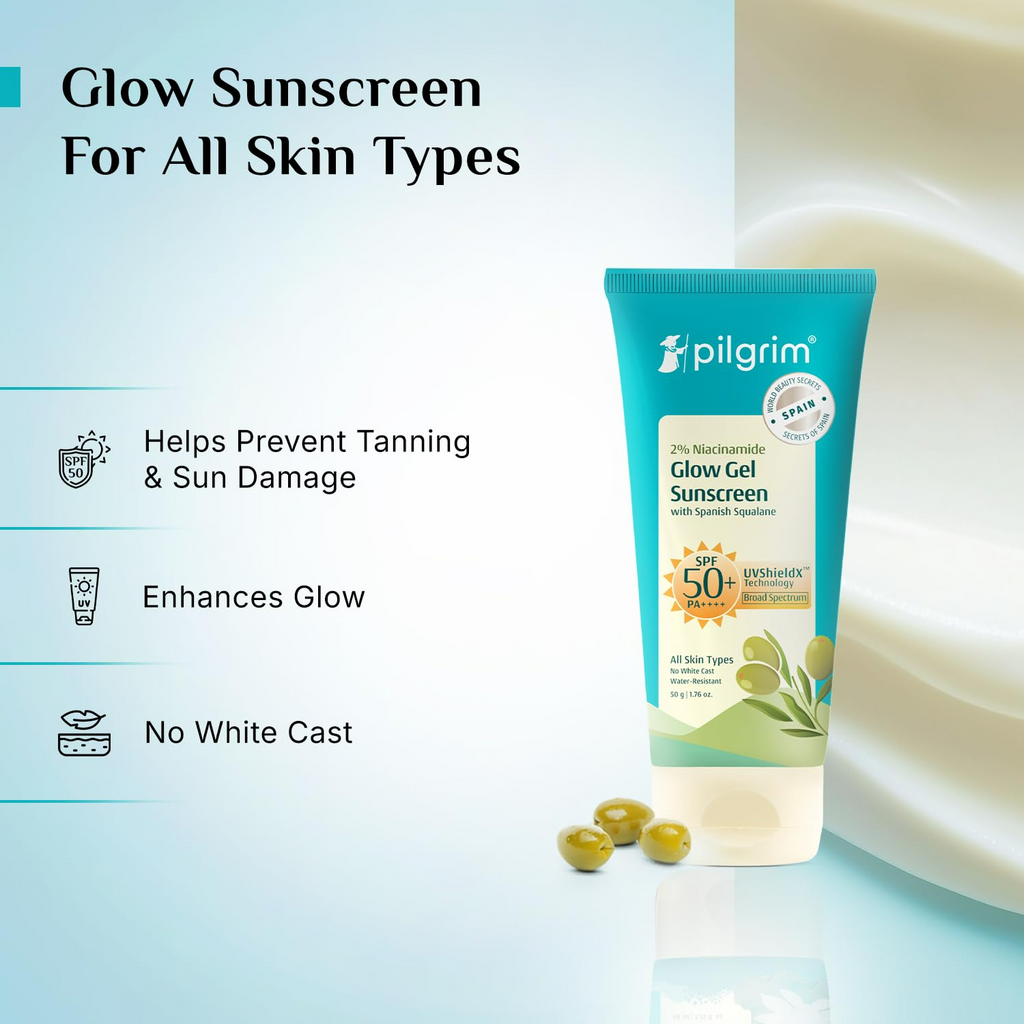 Pilgrim 2% Niacinamide Glow Sunscreen SPF 50 +++ Enhances Glow, Broad spectrum, Non-greasy, No white cast & Prevents Tanning | Grocsy