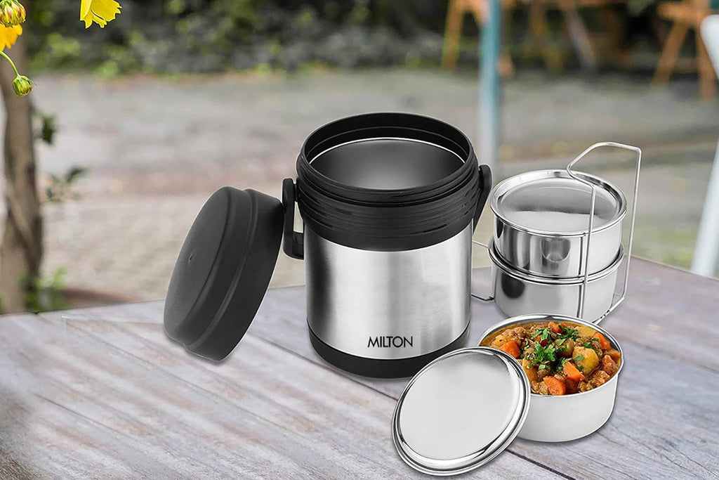 MILTON Thermosteel Hot Meal 3 Container Lunch Box, Silver | Grocsy