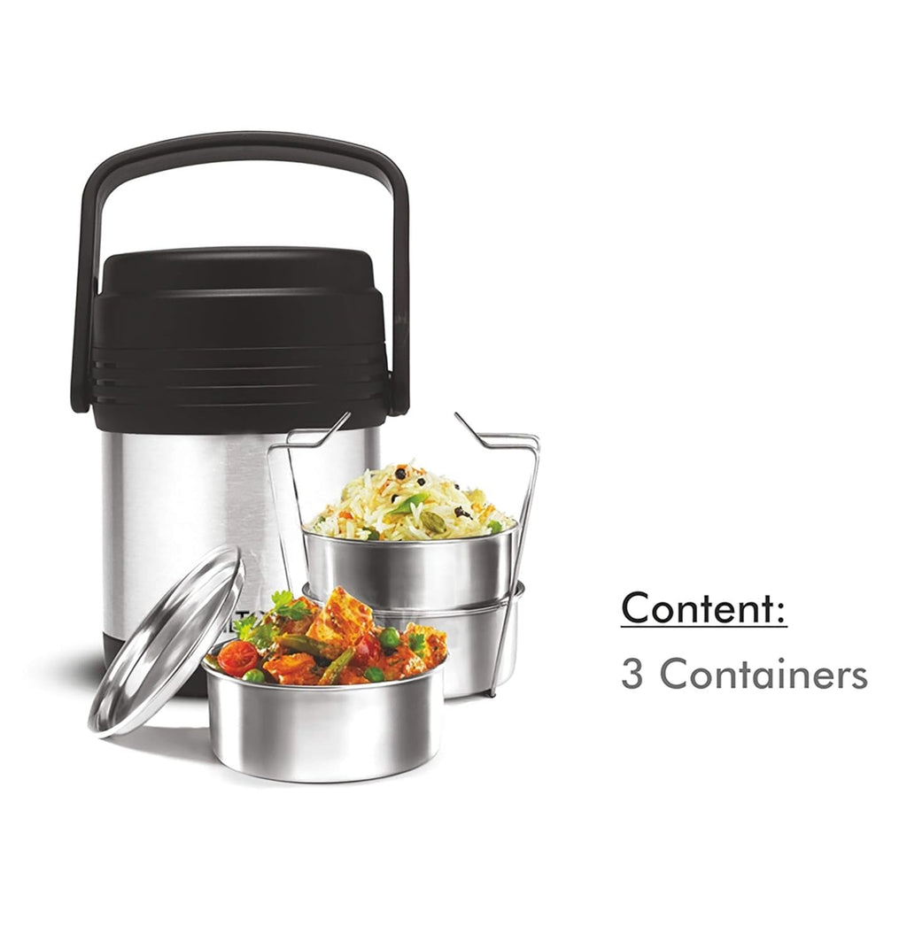 MILTON Thermosteel Hot Meal 3 Container Lunch Box, Silver | Grocsy