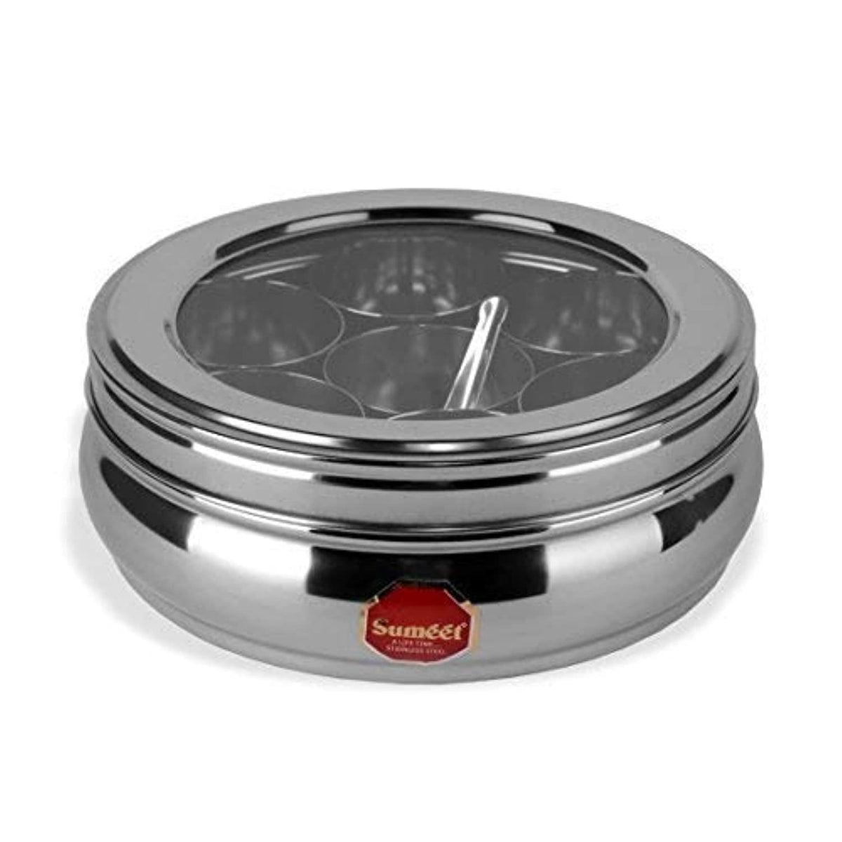 Sumeet Stainless Steel Belly Shape Masala (Spice) Box/Dabba/Organiser With See Through Lid With 7 Containers And Small Spoon (Small), Beige | Grocsy
