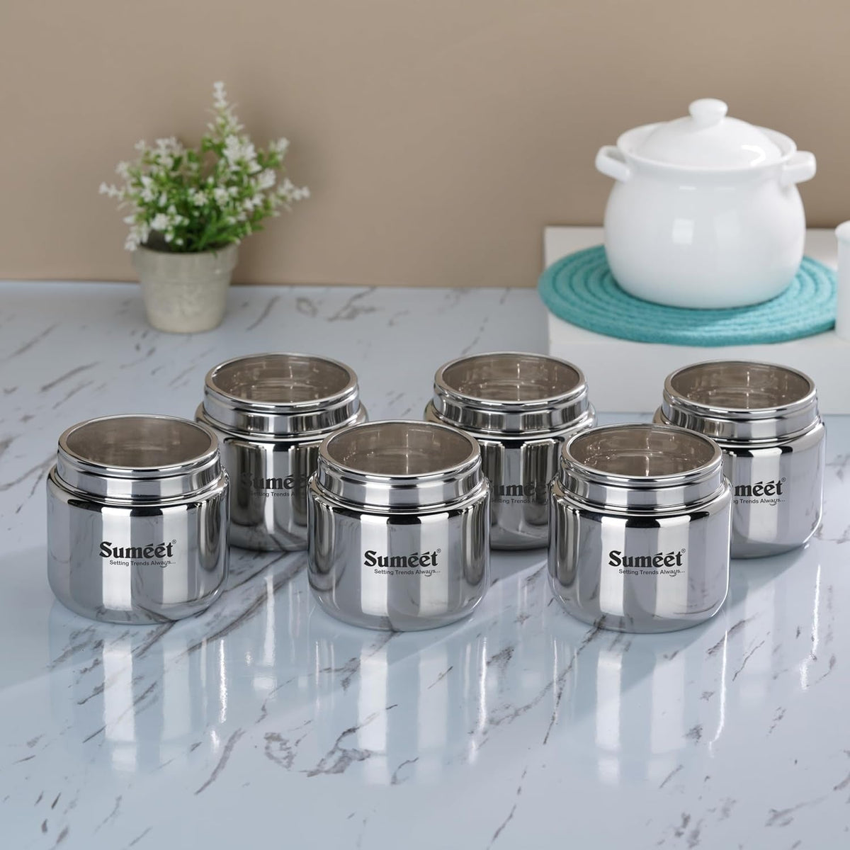 Sumeet Stainless Steel Small Canisters/Dabba/Storage Containers for Kitchen with Lid, Set of 6 Pcs, 400ml Each, 9cm Dia, Silver | Grocsy