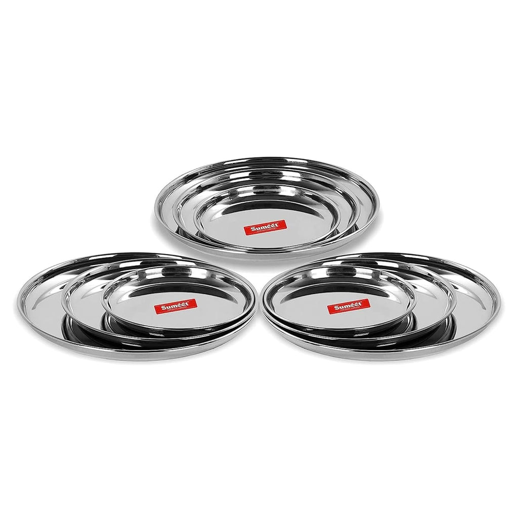 Sumeet Stainless Steel Heavy Gauge Multi Purpose Plates with Mirror Finish Set of 9pc (Dia - 17cm, 22cm,27.5cm) | Grocsy