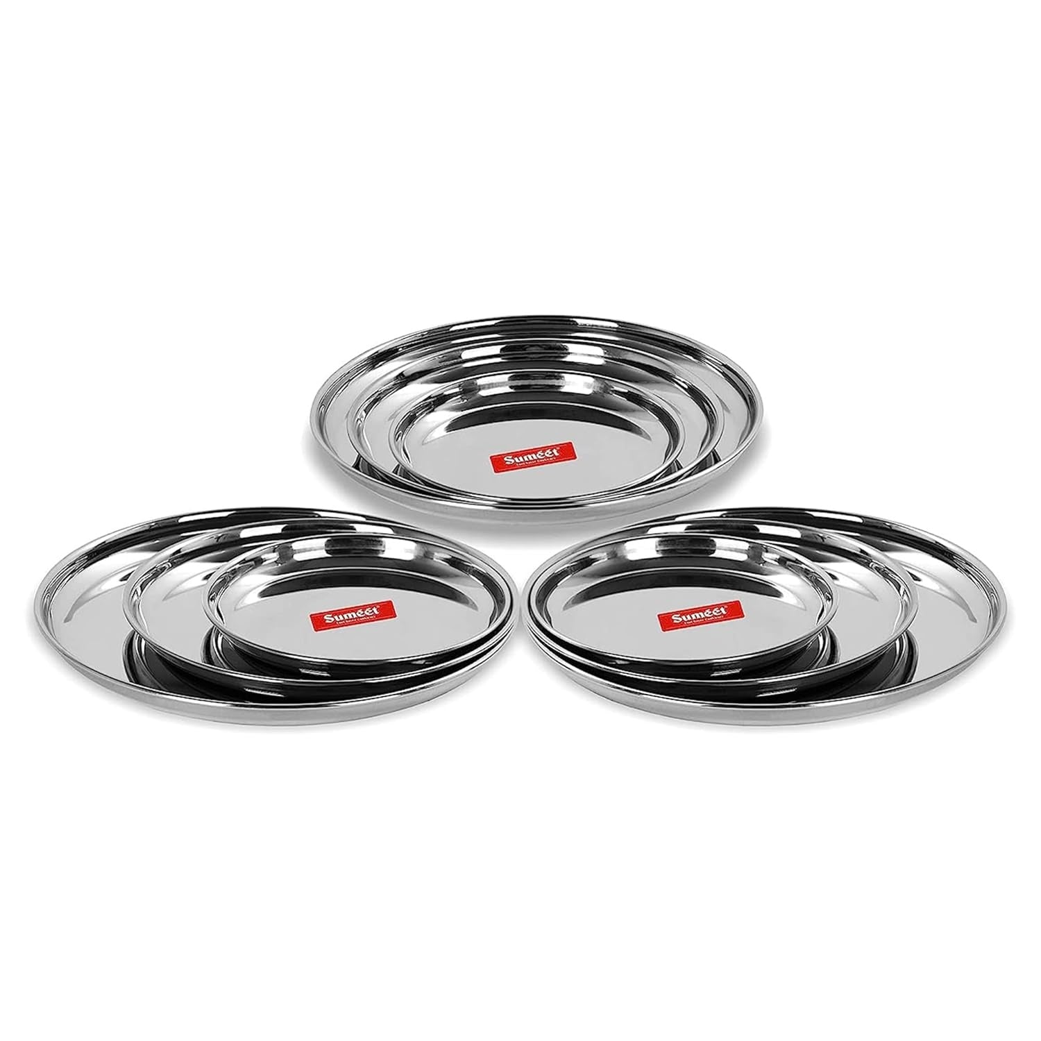 Sumeet Stainless Steel Heavy Gauge Multi Purpose Plates with Mirror Finish Set of 9pc (Dia - 17cm, 22cm,27.5cm) | Grocsy