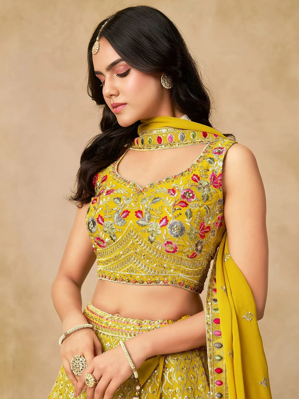 Tulsi Art Classic Yellow Zari Embroidered Georgette Haldi Wear Lehenga Choli | Grocsy