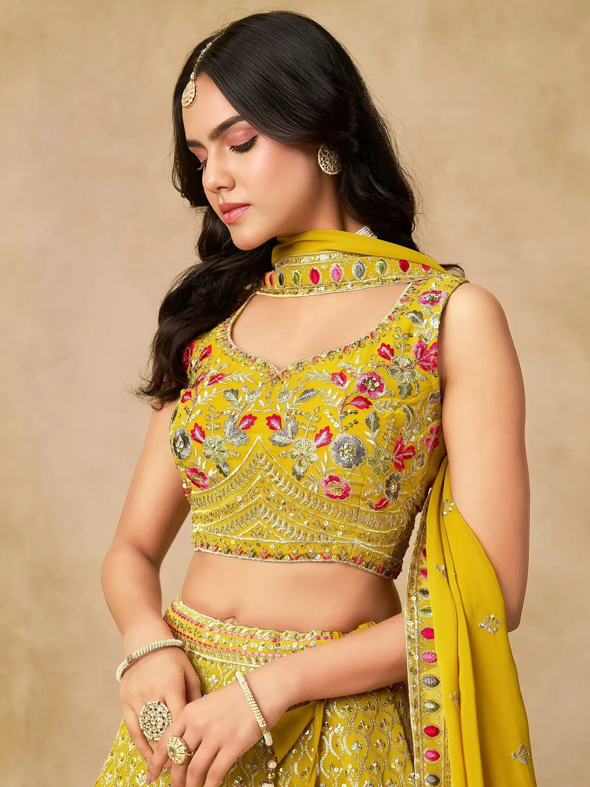 Tulsi Art Classic Yellow Zari Embroidered Georgette Haldi Wear Lehenga Choli | Grocsy