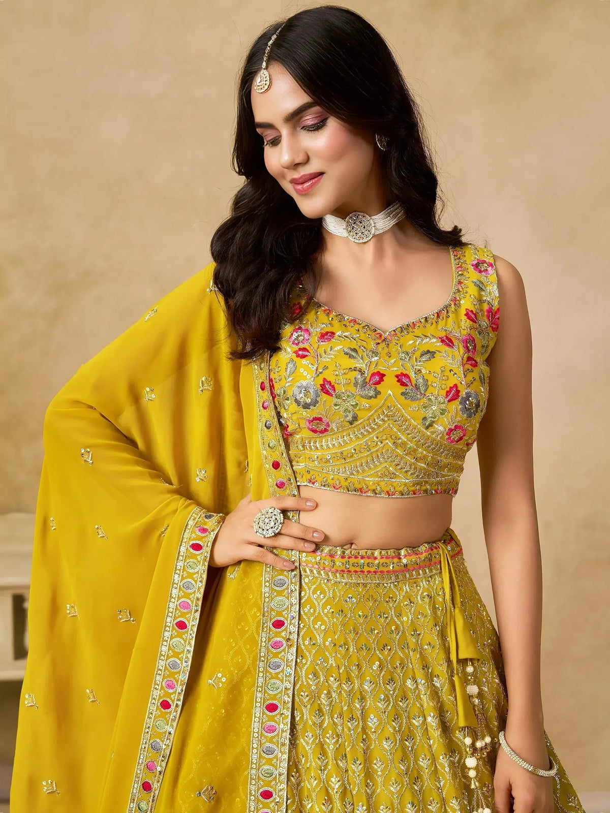 Tulsi Art Classic Yellow Zari Embroidered Georgette Haldi Wear Lehenga Choli | Grocsy