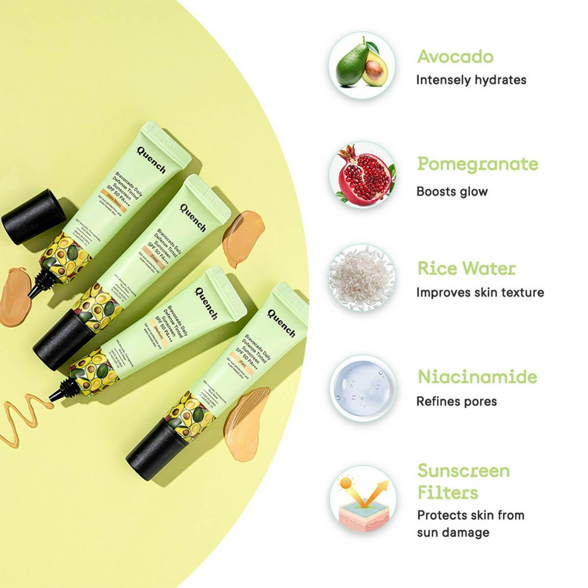 Quench Bravocado SPF 50+ PA++++ Sunscreen Gel With Avocado, Rice Water & Pomegranate, Korean Beauty | Grocsy