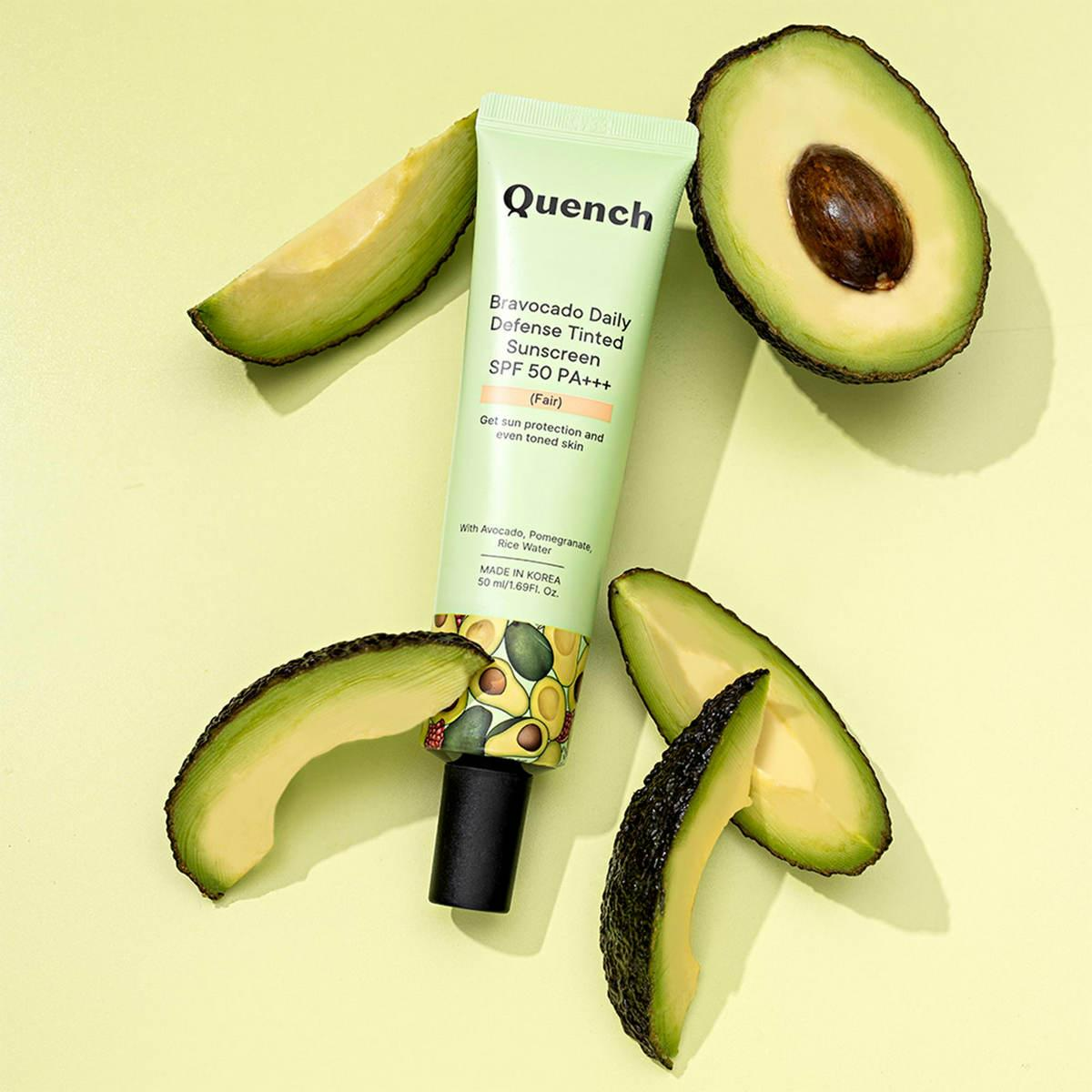 Quench Bravocado SPF 50+ PA++++ Sunscreen Gel With Avocado, Rice Water & Pomegranate, Korean Beauty | Grocsy