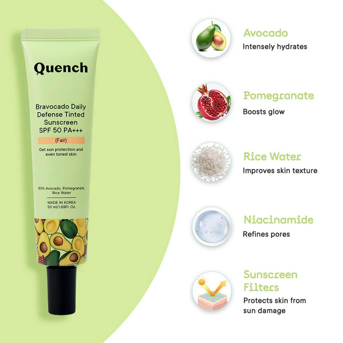 Quench Bravocado SPF 50+ PA++++ Sunscreen Gel With Avocado, Rice Water & Pomegranate, Korean Beauty | Grocsy