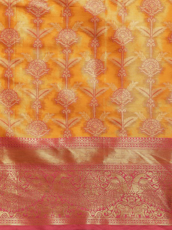 Mustard Brocade Zari Woven Floral Saree with Unstitched Blouse - Hiral Fashion | Grocsy