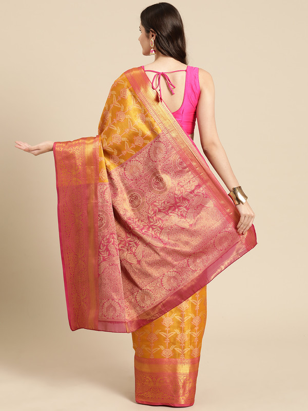 Mustard Brocade Zari Woven Floral Saree with Unstitched Blouse - Hiral Fashion | Grocsy
