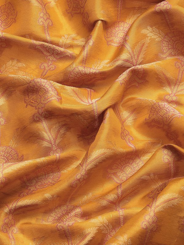 Mustard Brocade Zari Woven Floral Saree with Unstitched Blouse - Hiral Fashion | Grocsy