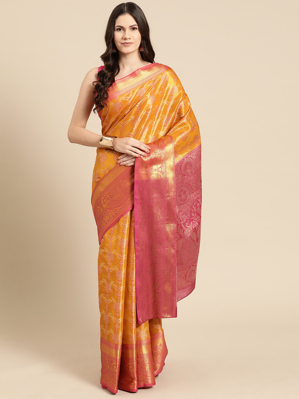 Mustard Brocade Zari Woven Floral Saree with Unstitched Blouse - Hiral Fashion | Grocsy