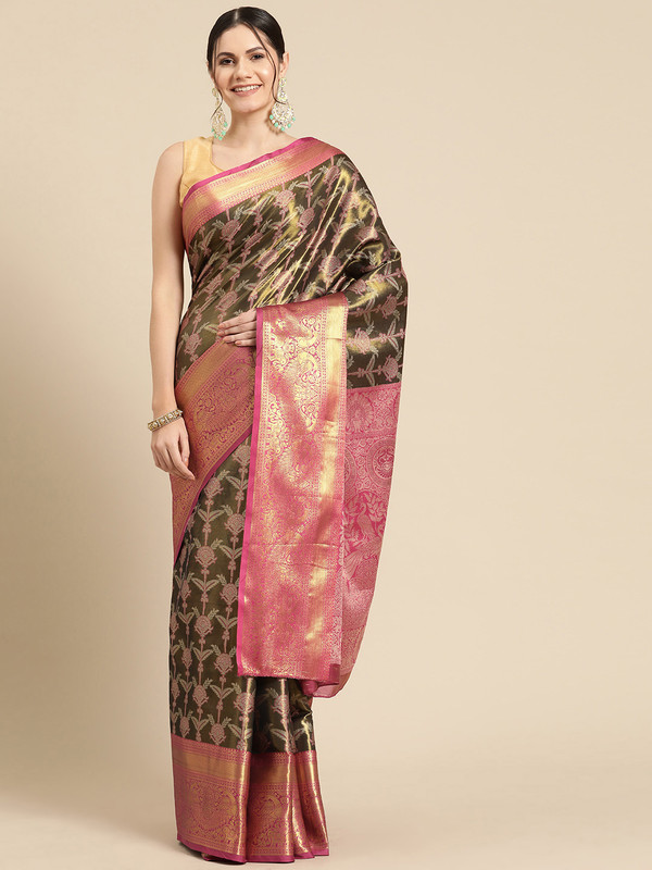 Black Brocade Zari Woven Floral Saree with Unstitched Blouse - Hiral Fashion | Grocsy