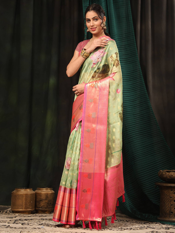 Green Art Silk Digital Print Floral Saree with Unstitched Blouse - Hiral Fashion | Grocsy