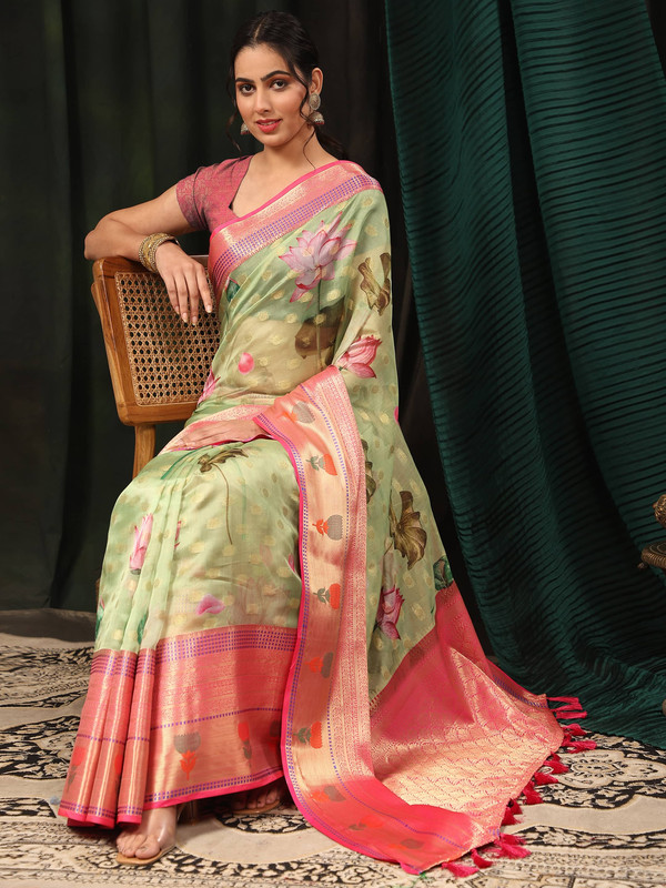 Green Art Silk Digital Print Floral Saree with Unstitched Blouse - Hiral Fashion | Grocsy