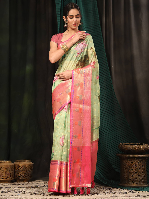 Green Art Silk Digital Print Floral Saree with Unstitched Blouse - Hiral Fashion | Grocsy