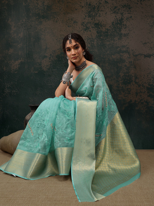 Turquoise Kota Doria Embroidered Floral Saree with Unstitched Blouse - Hiral Fashion | Grocsy