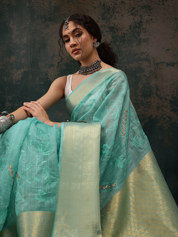 Turquoise Kota Doria Embroidered Floral Saree with Unstitched Blouse - Hiral Fashion | Grocsy