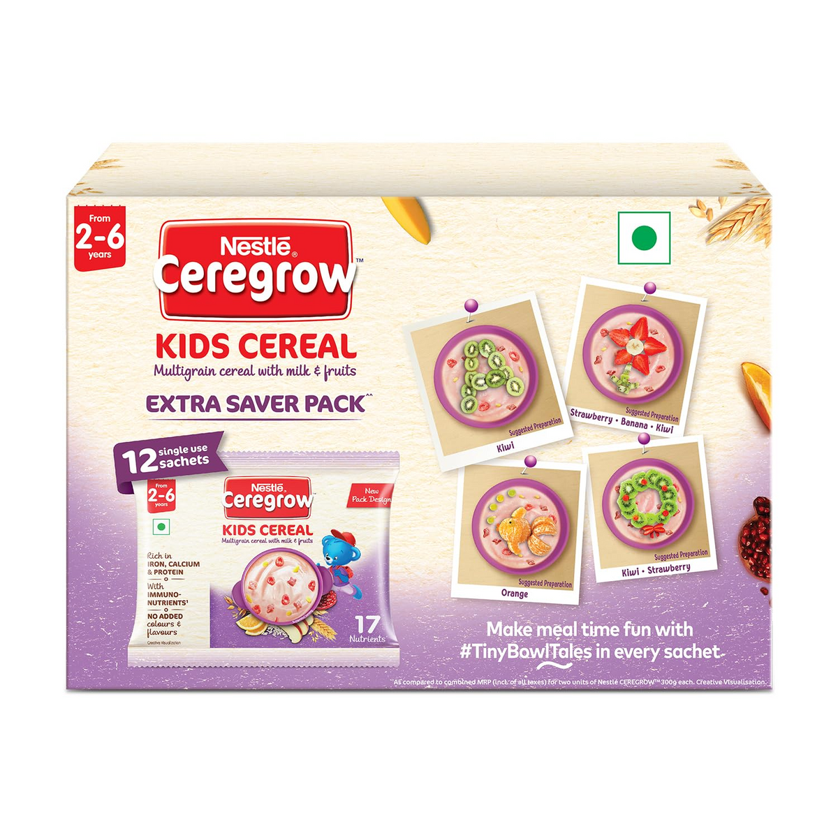 Nestle Ceregrow Kids (2-6 yrs) Cereal-Multigrain, Milk & Fruits, Rich in Iron, Calcium & Protein | Grocsy
